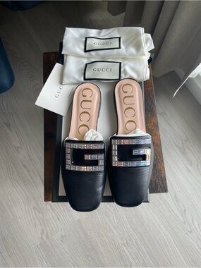 Gucci Women's Black Crystal-Embellished Leather Slides